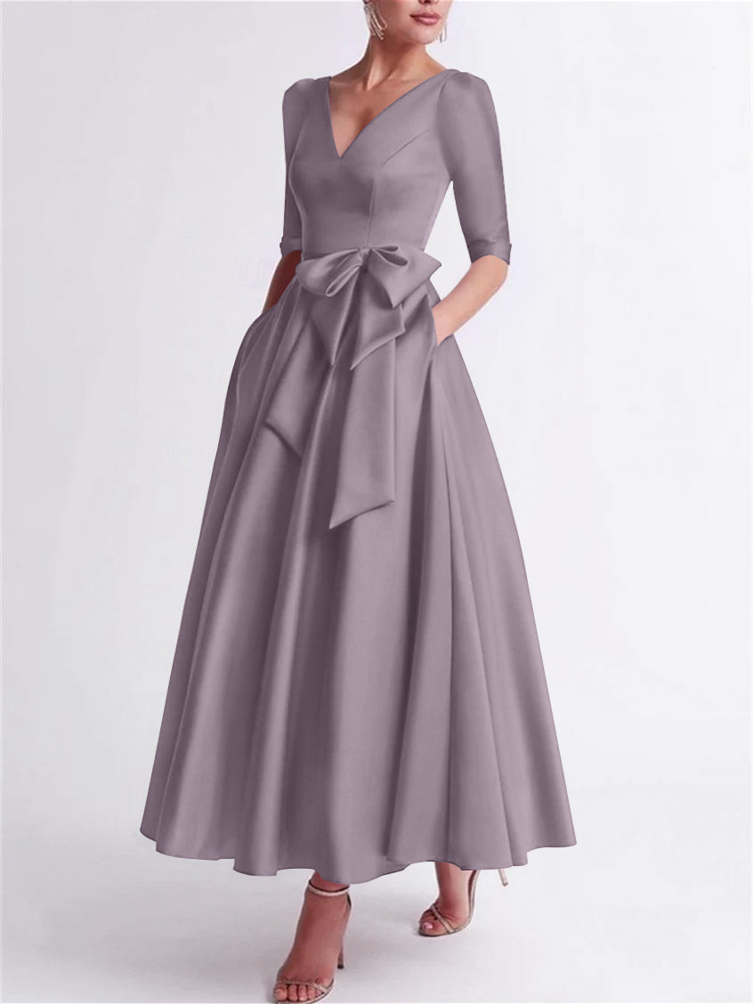 Princess V Neck 3/4 Length Sleeve Tea Length Satin Mother of the Bride Dress