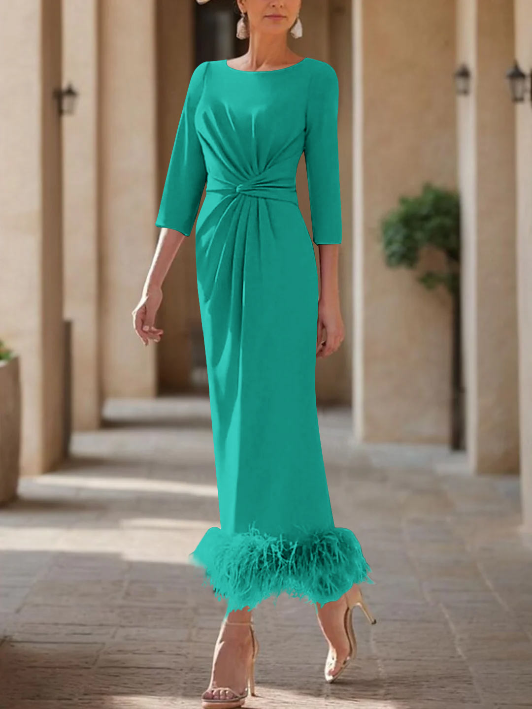 Column Scoop Neck Ankle Length Elegant Mother of the Bride Dress