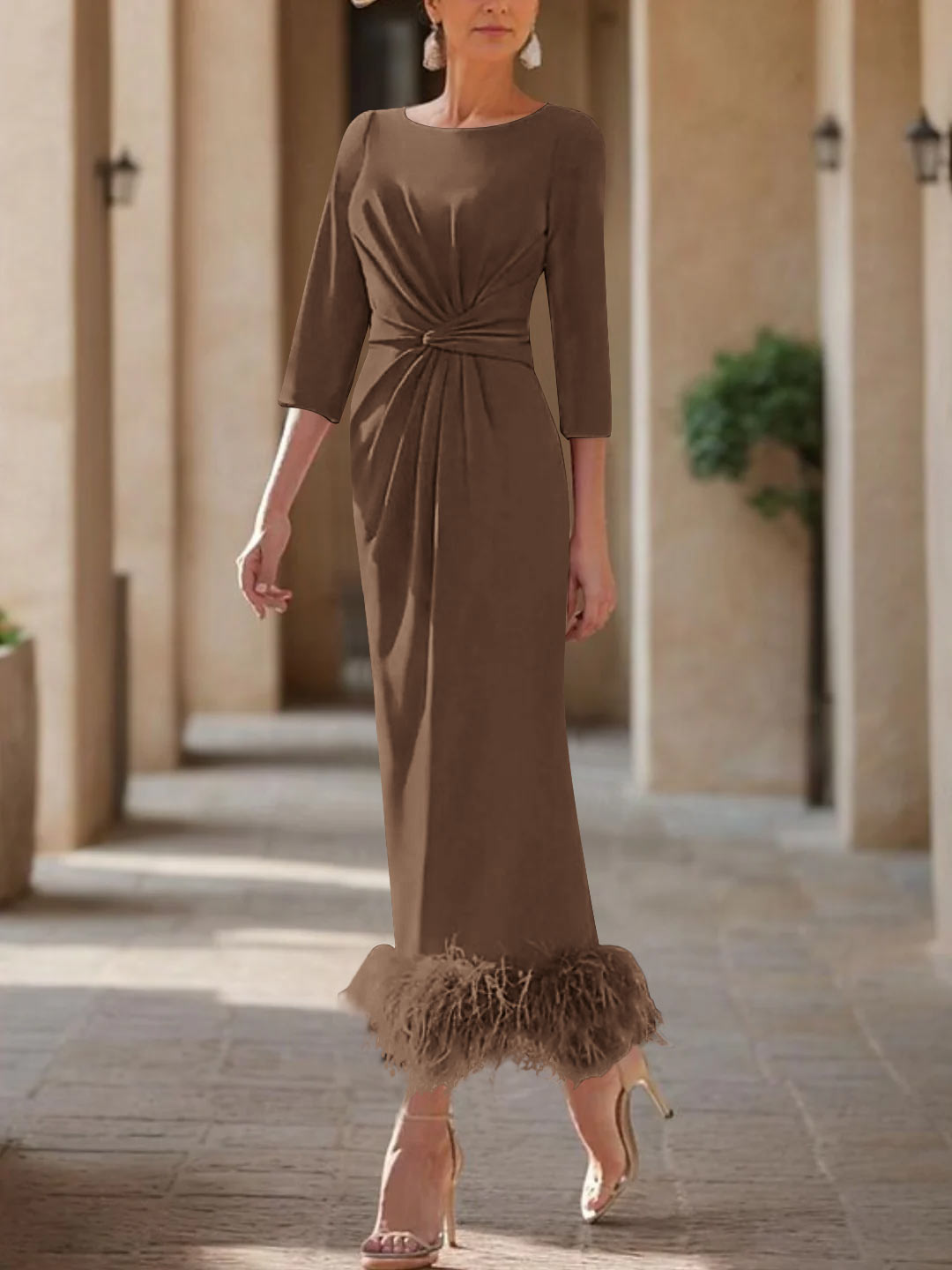 Column Scoop Neck Ankle Length Elegant Mother of the Bride Dress