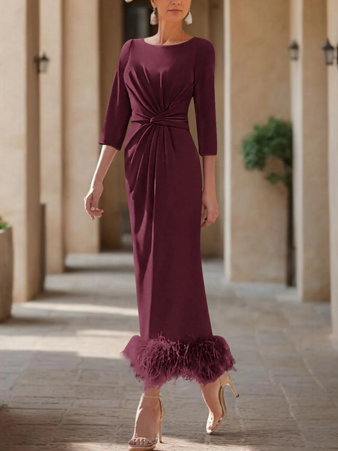 Column Scoop Neck Ankle Length Elegant Mother of the Bride Dress