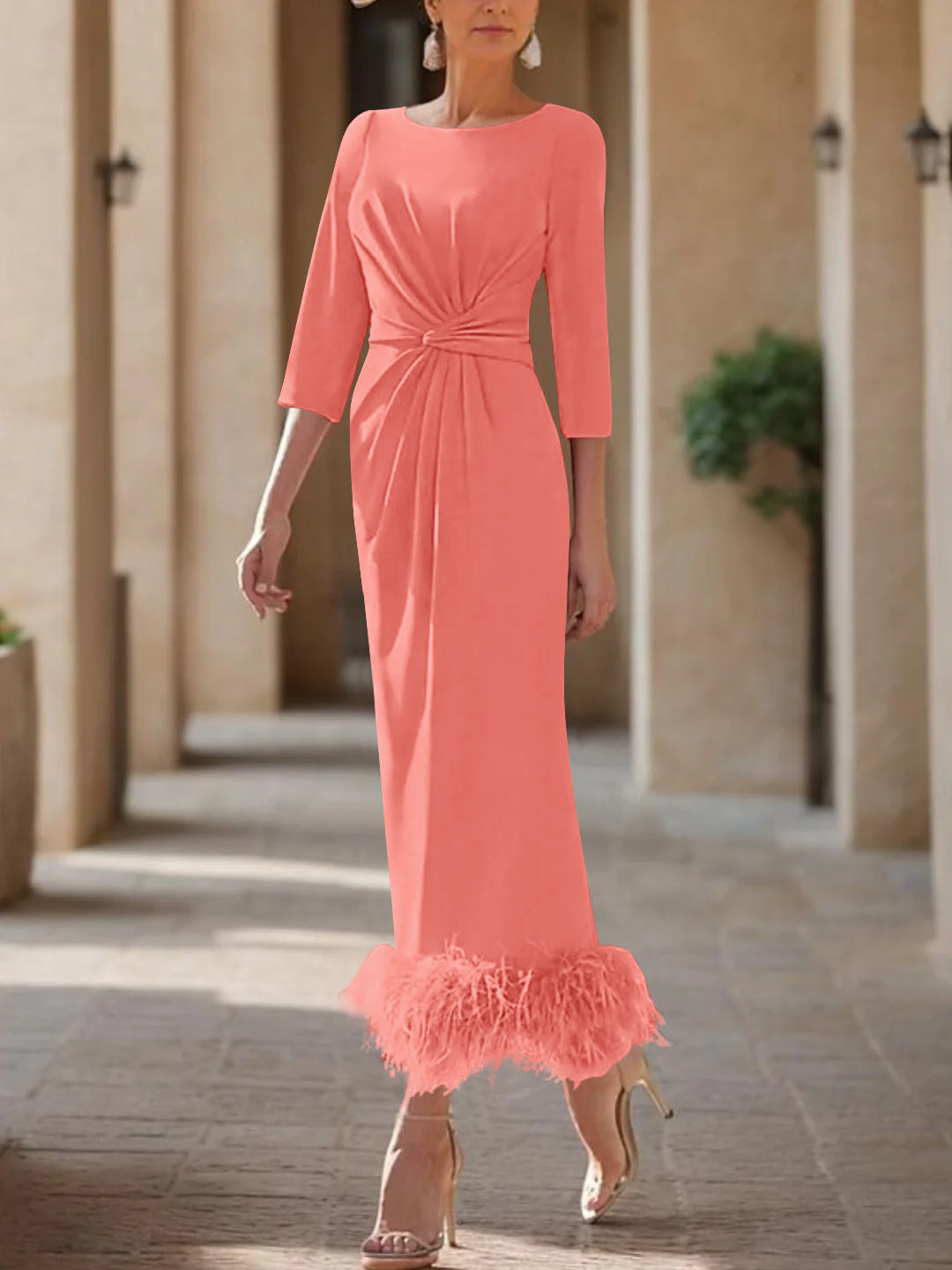 Column Scoop Neck Ankle Length Elegant Mother of the Bride Dress