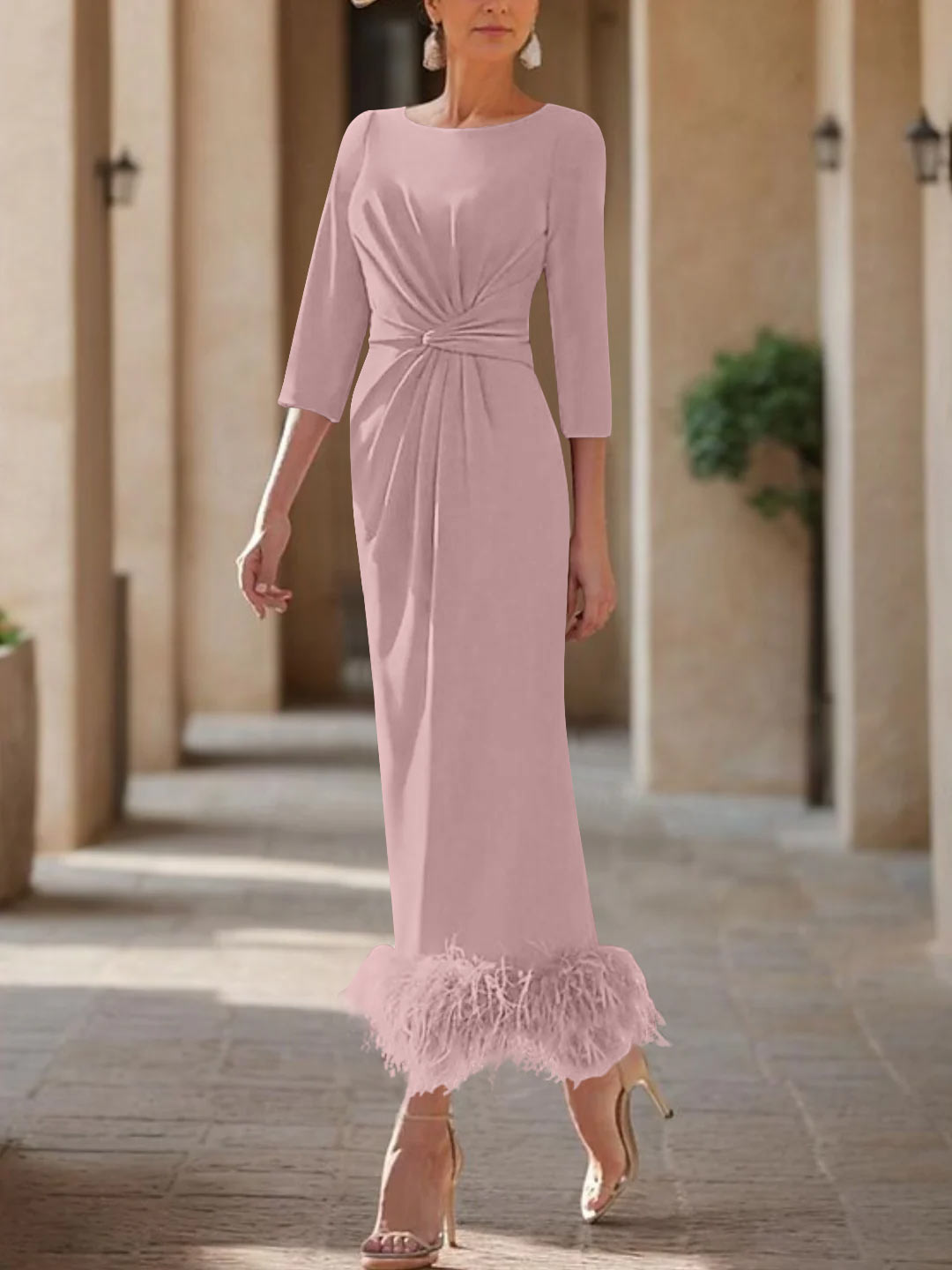 Column Scoop Neck Ankle Length Elegant Mother of the Bride Dress