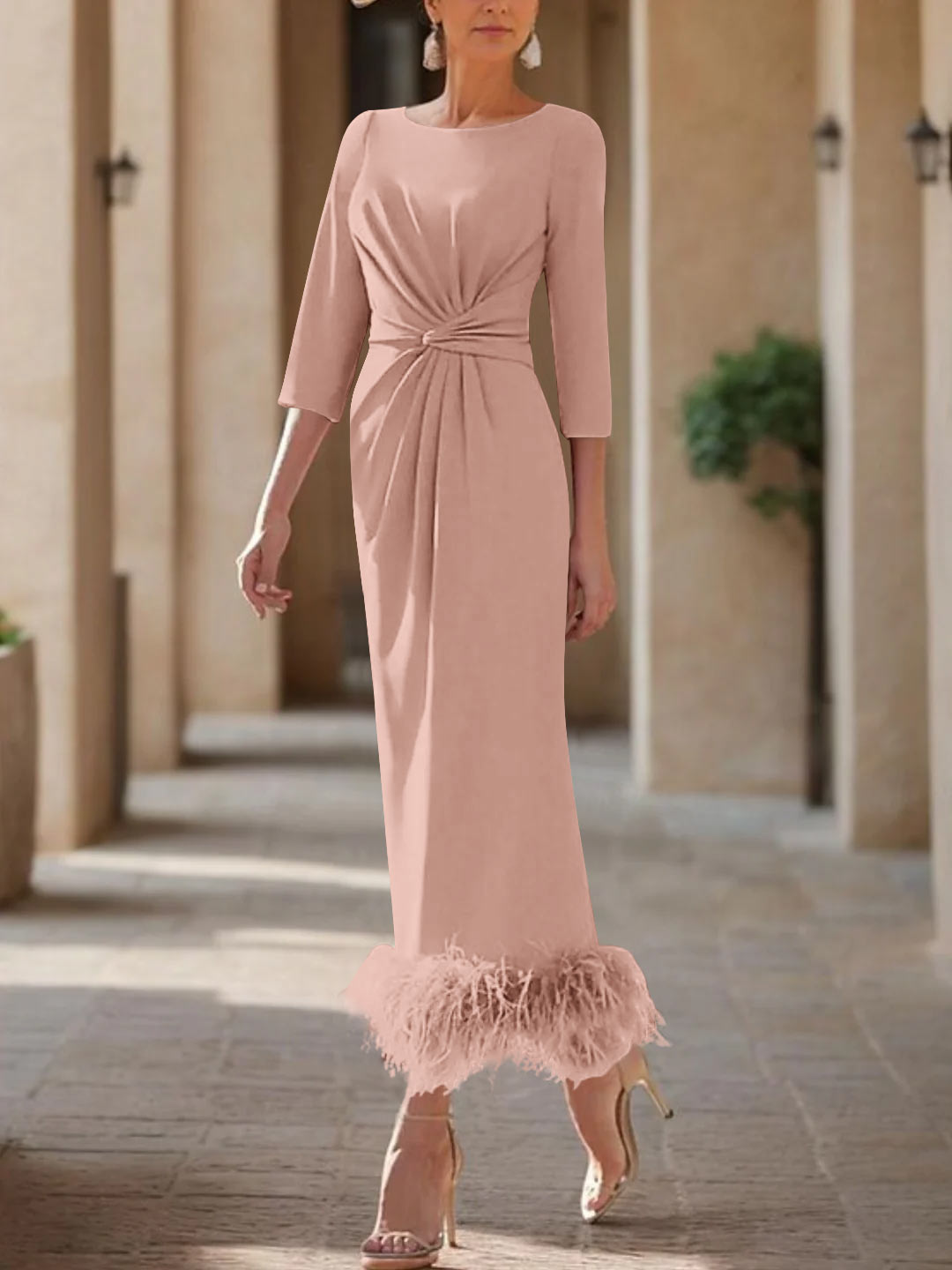 Column Scoop Neck Ankle Length Elegant Mother of the Bride Dress