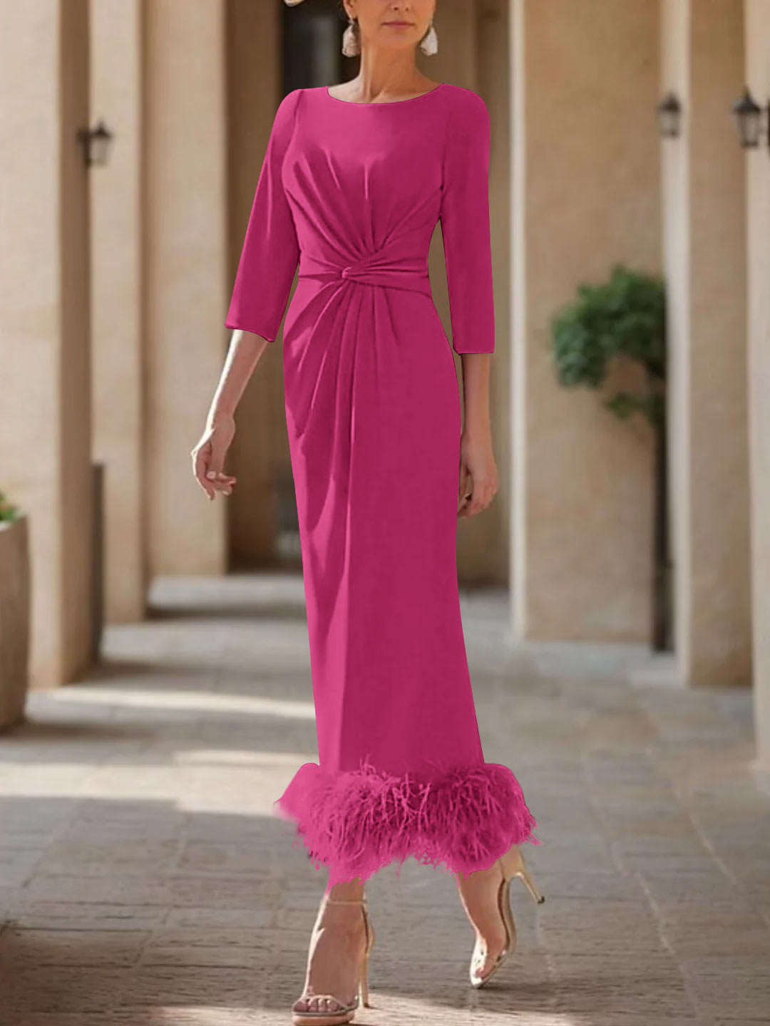 Column Scoop Neck Ankle Length Elegant Mother of the Bride Dress