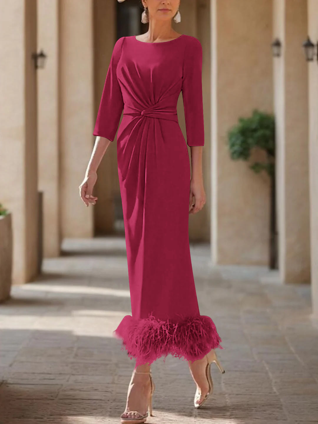 Column Scoop Neck Ankle Length Elegant Mother of the Bride Dress