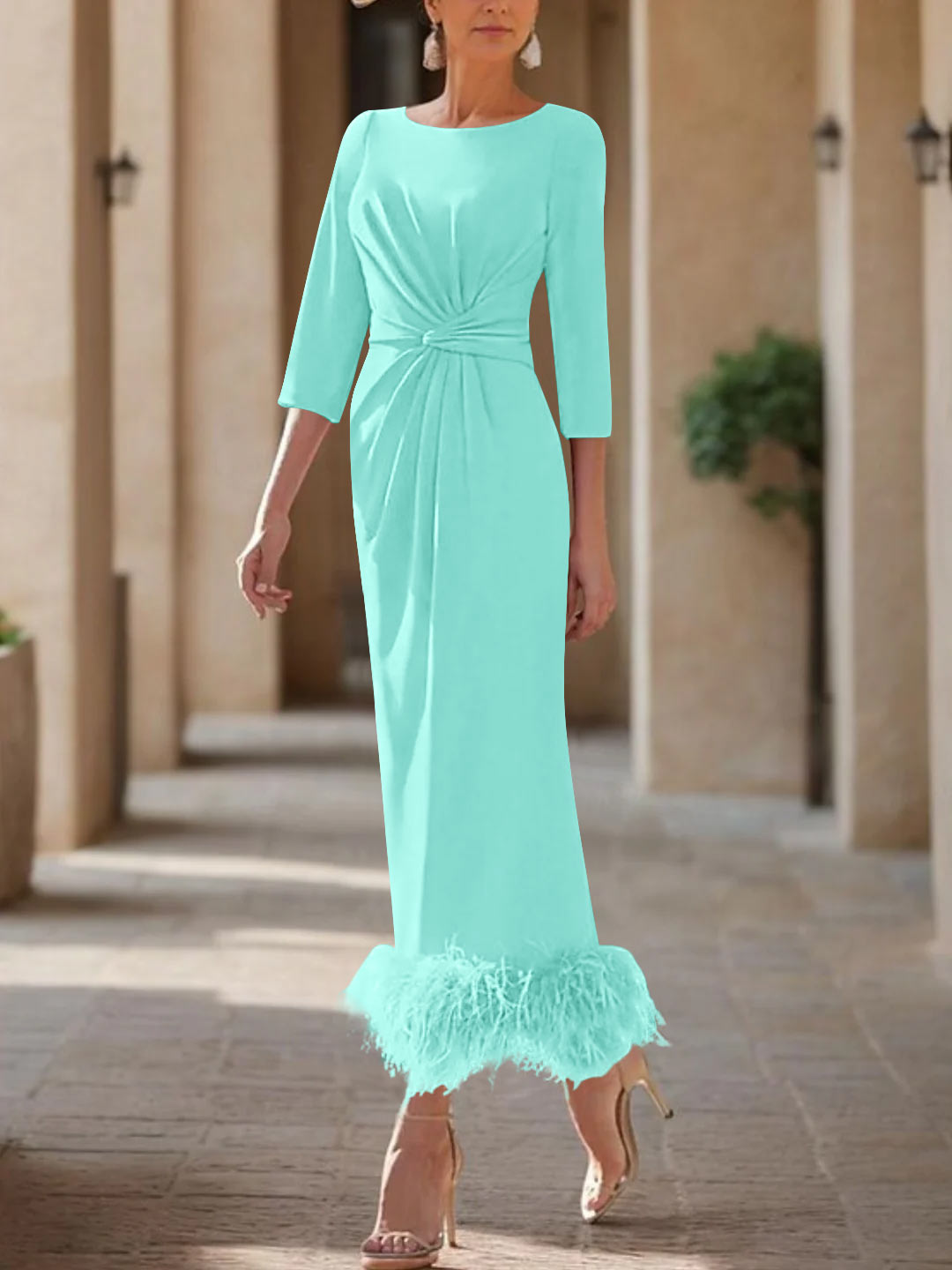 Column Scoop Neck Ankle Length Elegant Mother of the Bride Dress