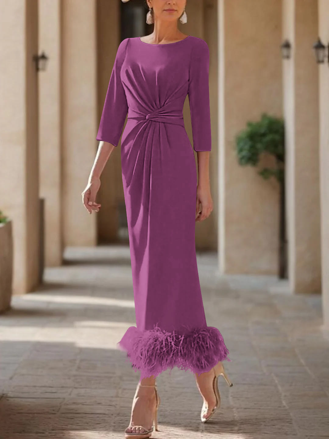 Column Scoop Neck Ankle Length Elegant Mother of the Bride Dress