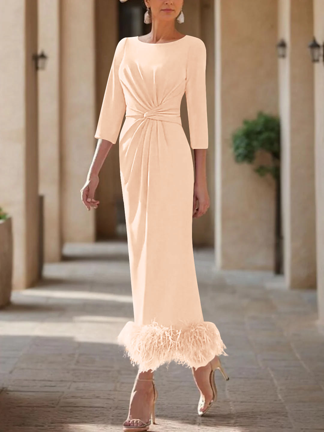 Column Scoop Neck Ankle Length Elegant Mother of the Bride Dress