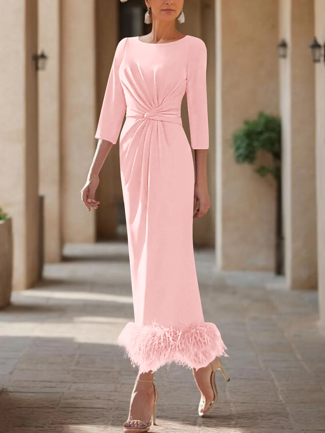 Column Scoop Neck Ankle Length Elegant Mother of the Bride Dress