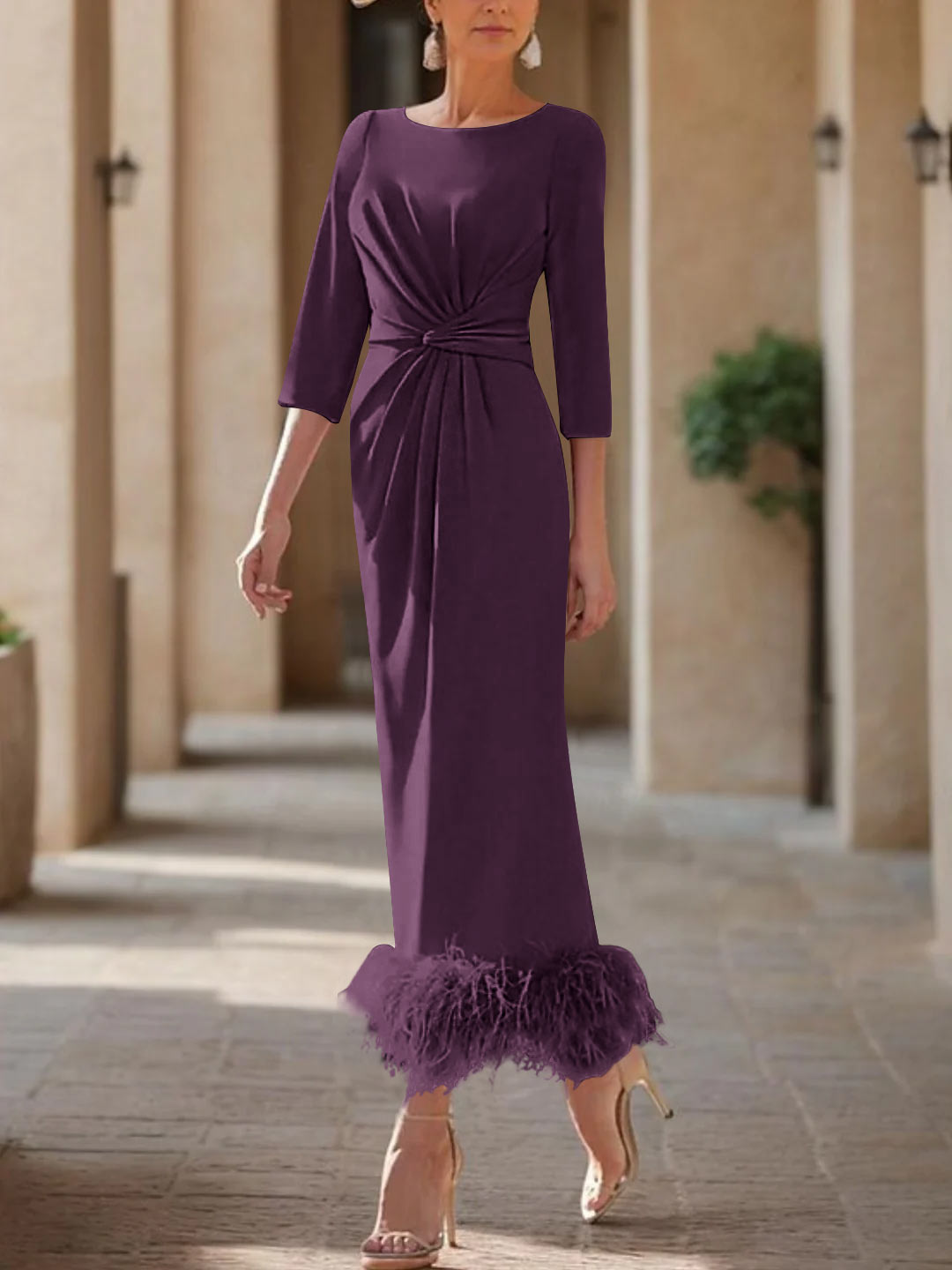 Column Scoop Neck Ankle Length Elegant Mother of the Bride Dress