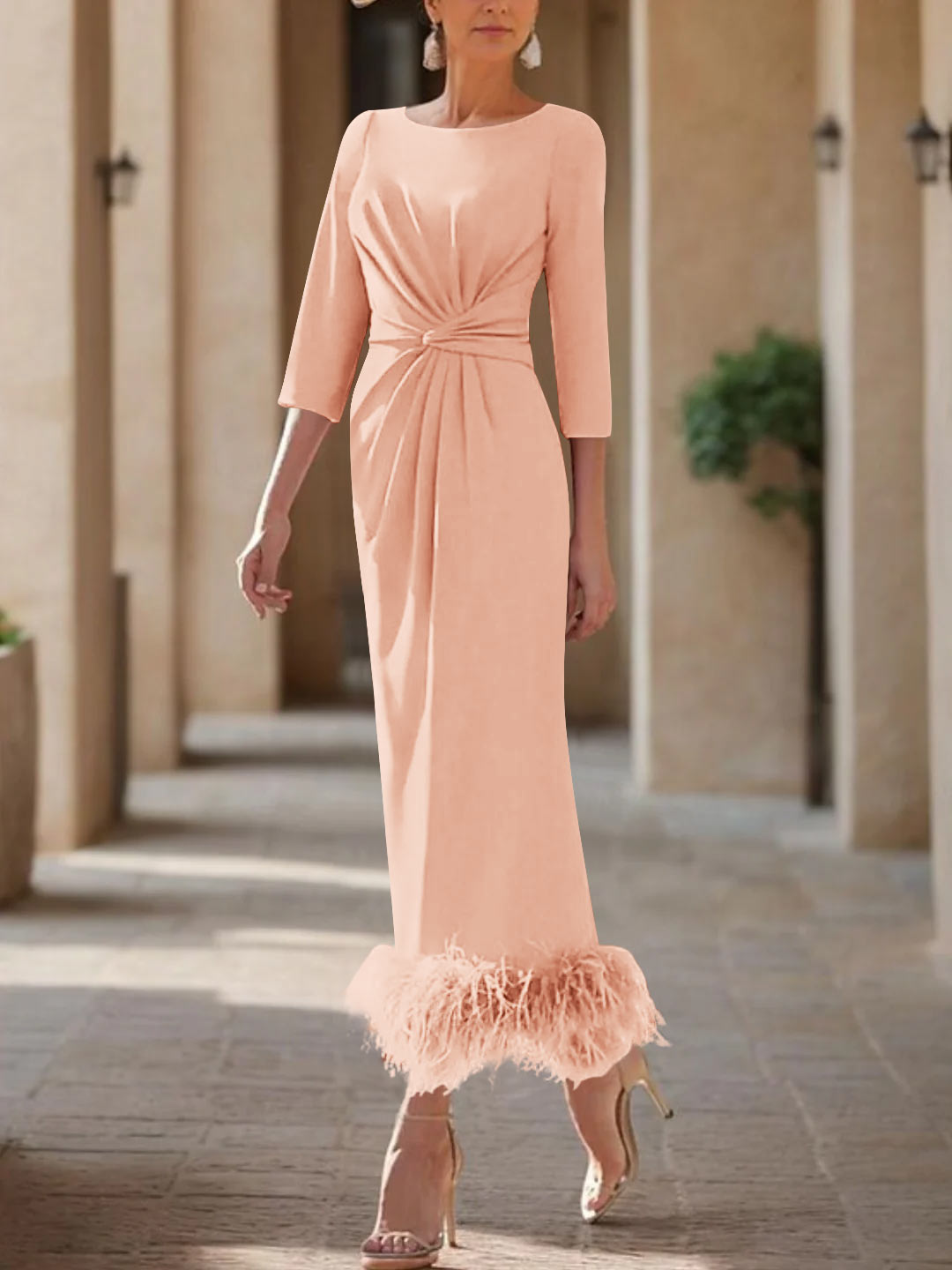 Column Scoop Neck Ankle Length Elegant Mother of the Bride Dress
