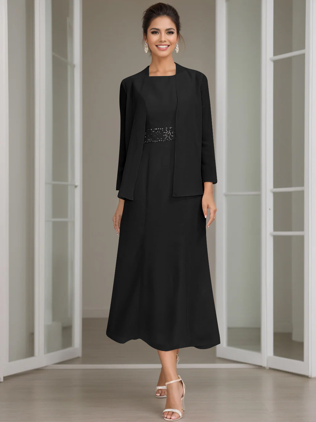 Column Jewel Neck Tea Length Mother of the Bride Dress
