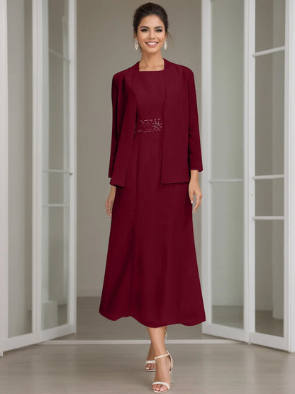 Column Jewel Neck Tea Length Mother of the Bride Dress