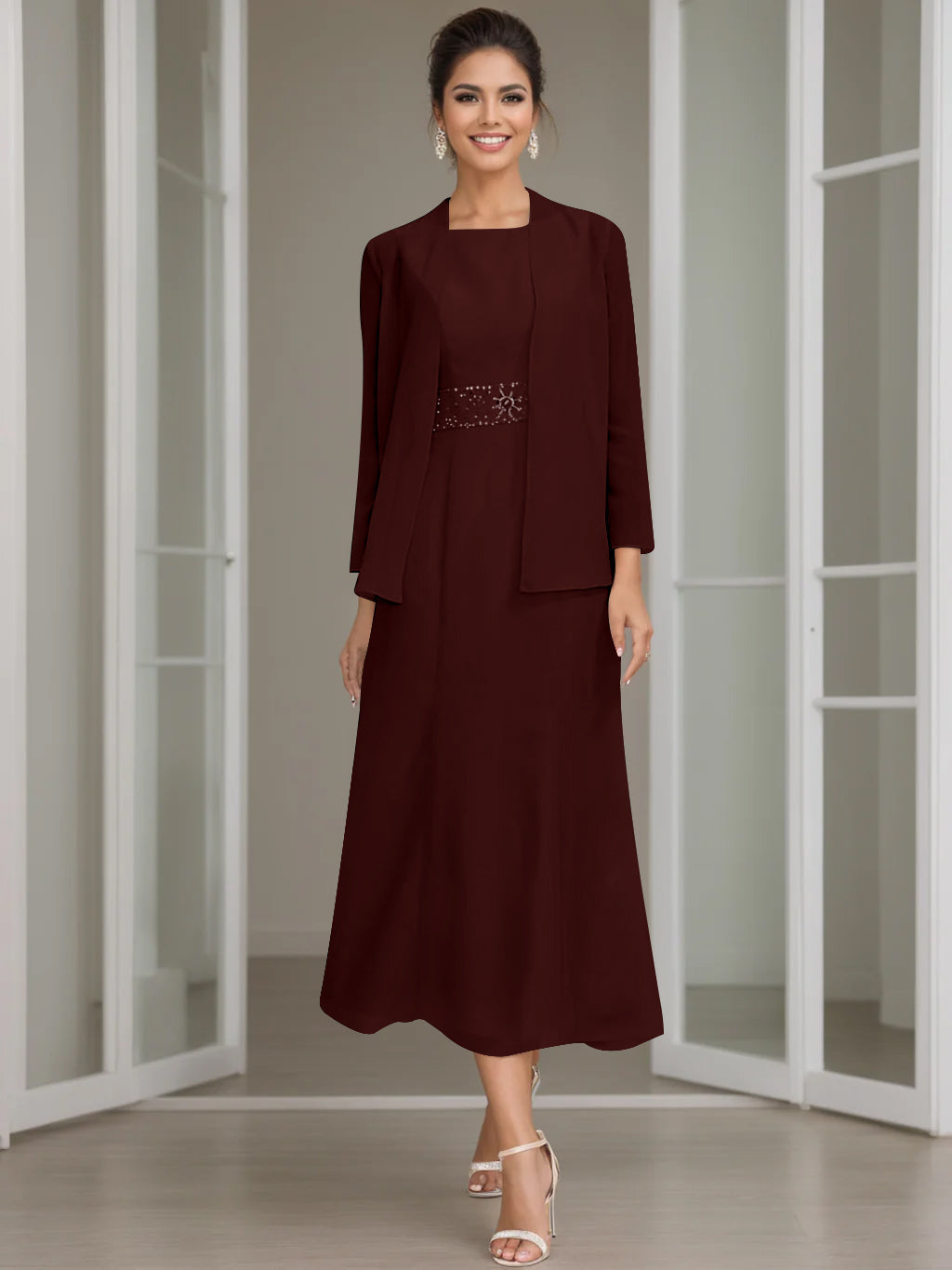 Column Jewel Neck Tea Length Mother of the Bride Dress