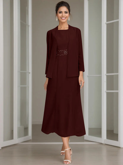 Column Jewel Neck Tea Length Mother of the Bride Dress