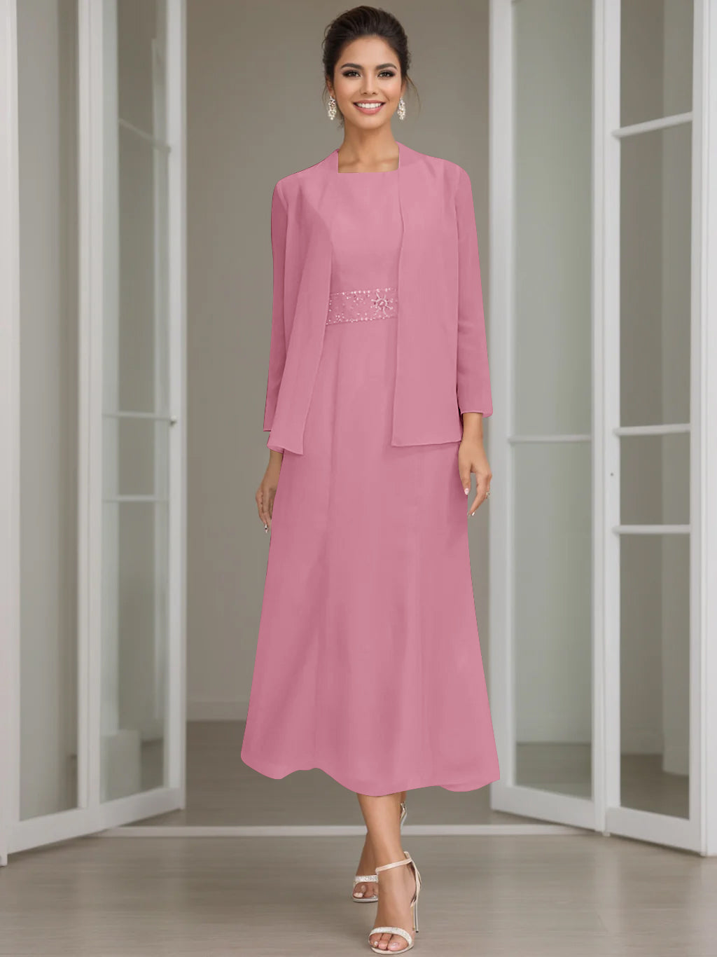 Column Jewel Neck Tea Length Mother of the Bride Dress