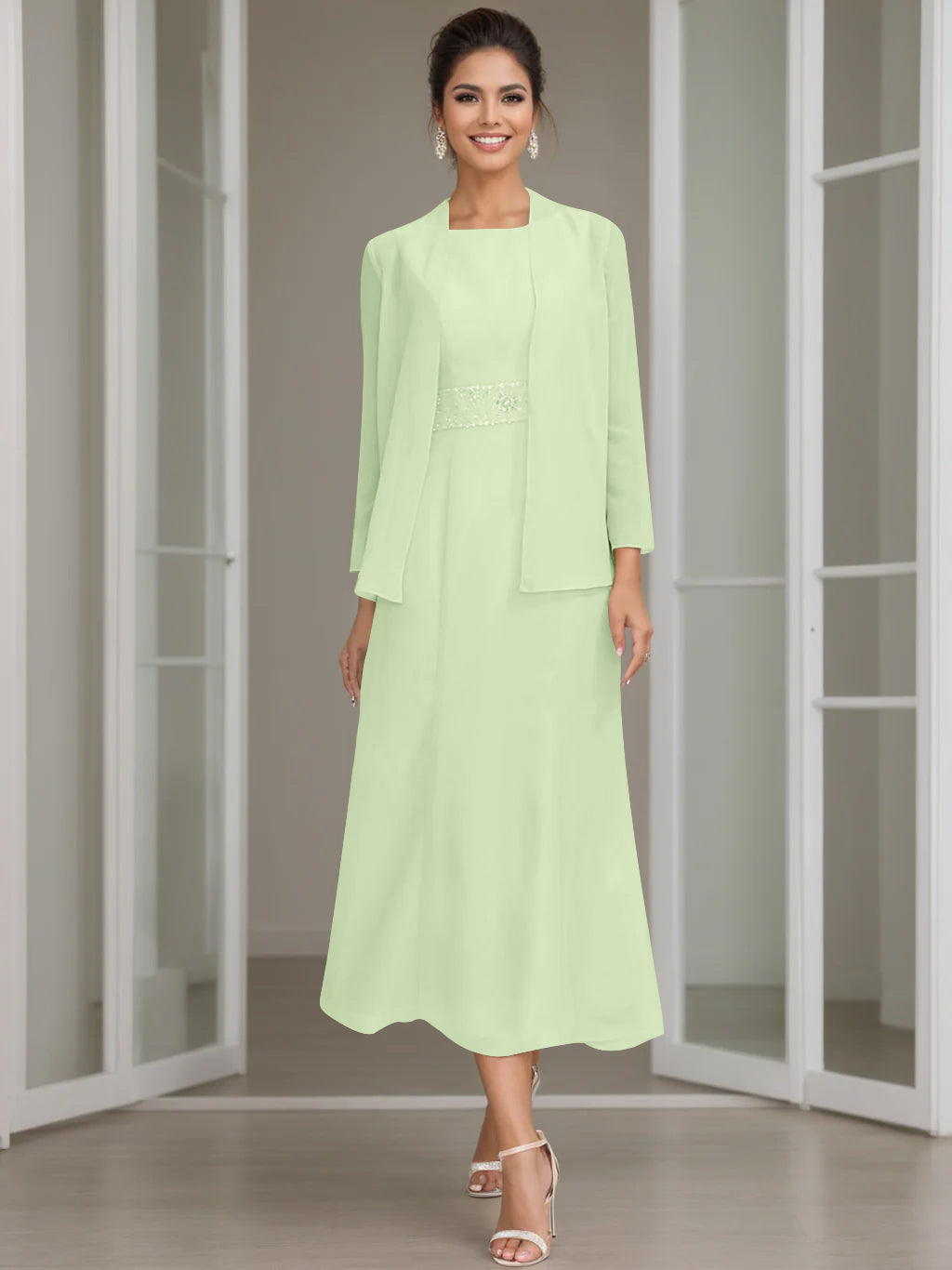 Column Jewel Neck Tea Length Mother of the Bride Dress