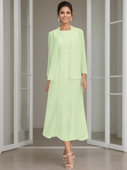 Column Jewel Neck Tea Length Mother of the Bride Dress