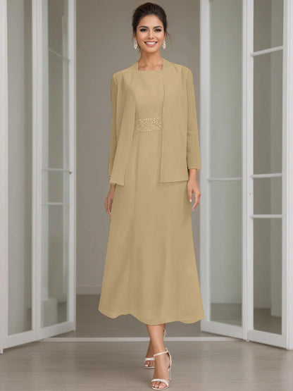Column Jewel Neck Tea Length Mother of the Bride Dress