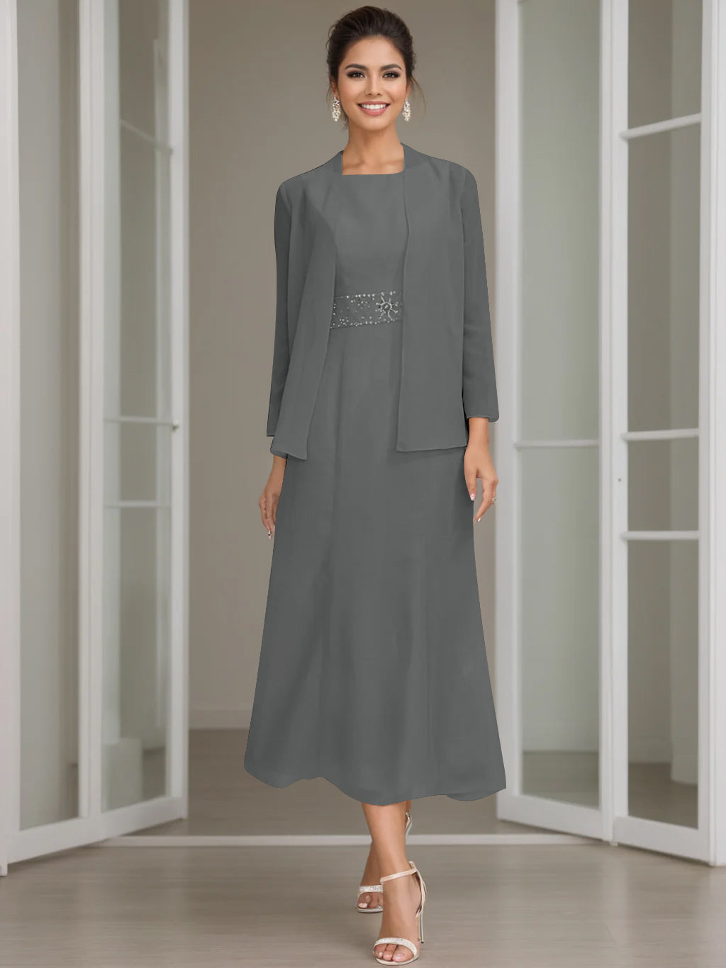 Column Jewel Neck Tea Length Mother of the Bride Dress