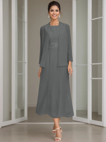 Column Jewel Neck Tea Length Mother of the Bride Dress