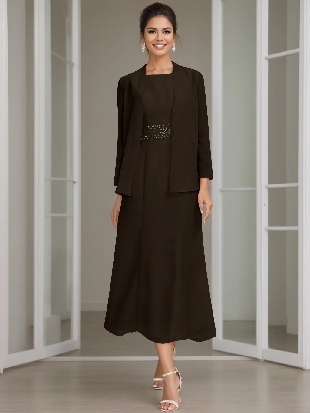 Column Jewel Neck Tea Length Mother of the Bride Dress