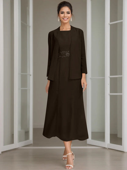 Column Jewel Neck Tea Length Mother of the Bride Dress