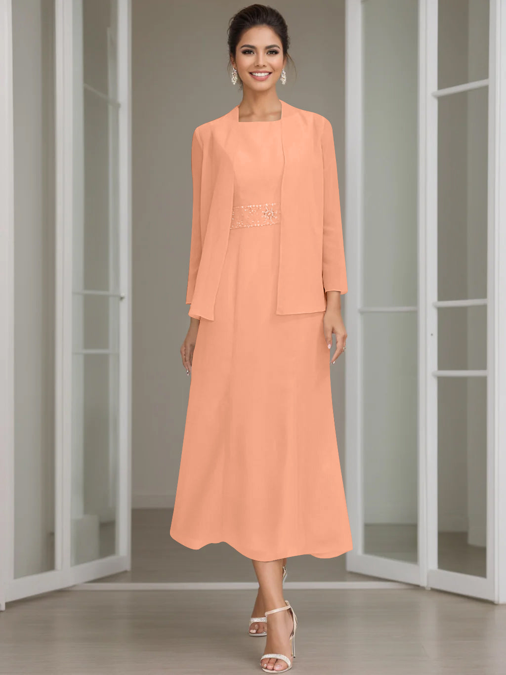 Column Jewel Neck Tea Length Mother of the Bride Dress