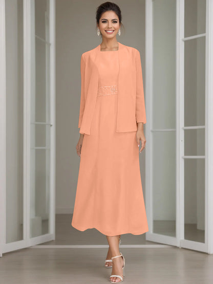 Column Jewel Neck Tea Length Mother of the Bride Dress