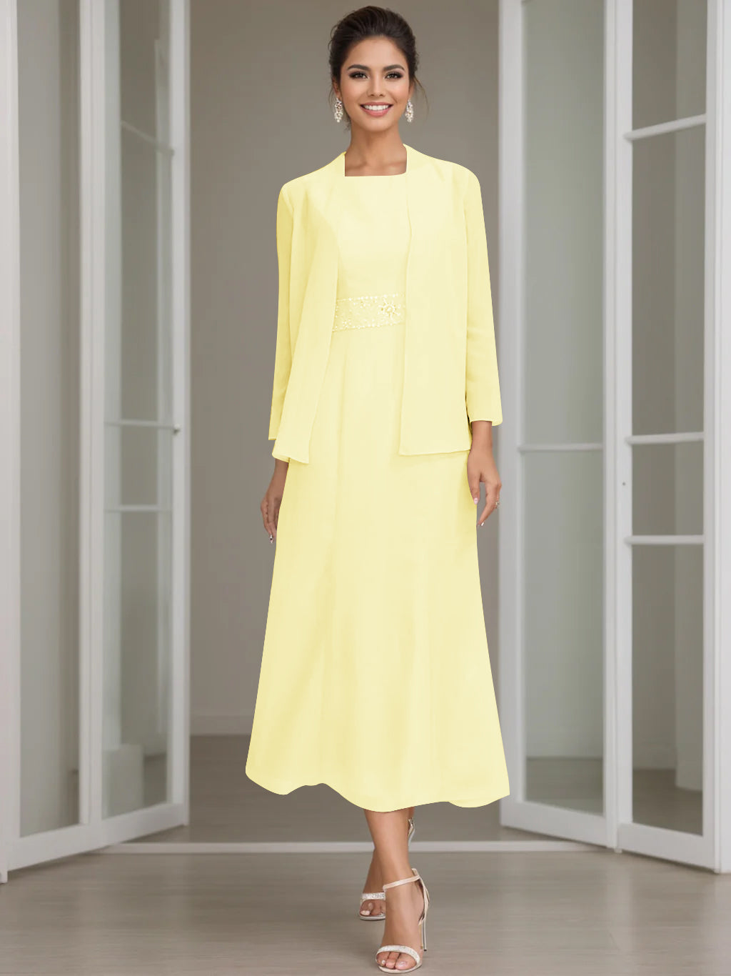 Column Jewel Neck Tea Length Mother of the Bride Dress