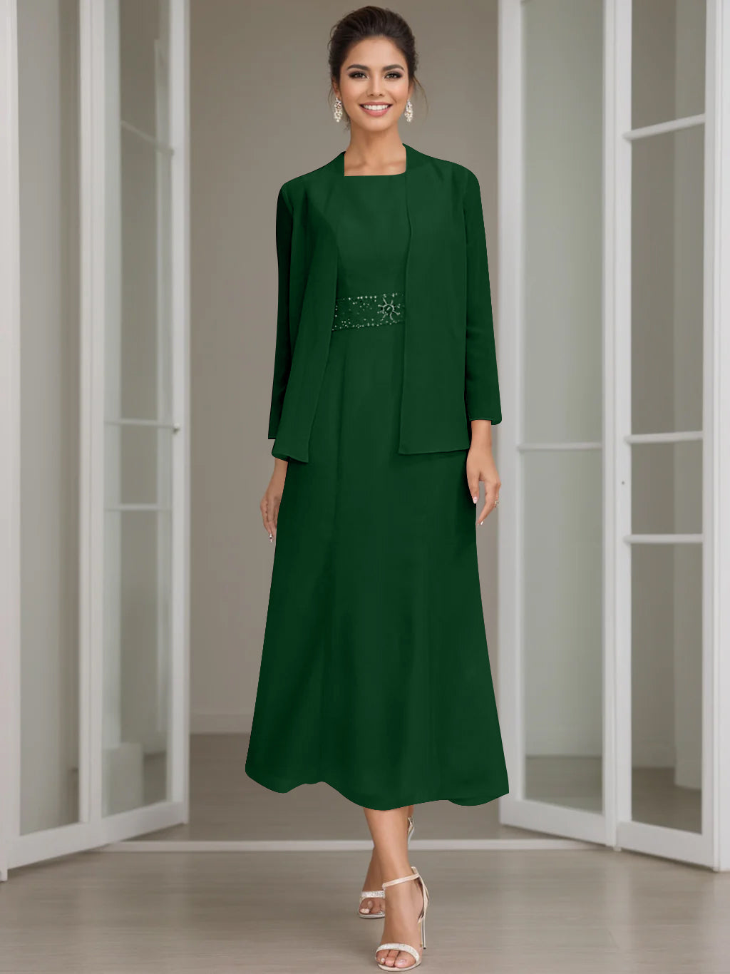 Column Jewel Neck Tea Length Mother of the Bride Dress