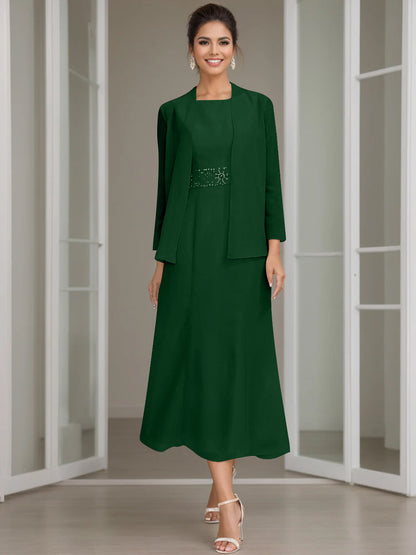 Column Jewel Neck Tea Length Mother of the Bride Dress