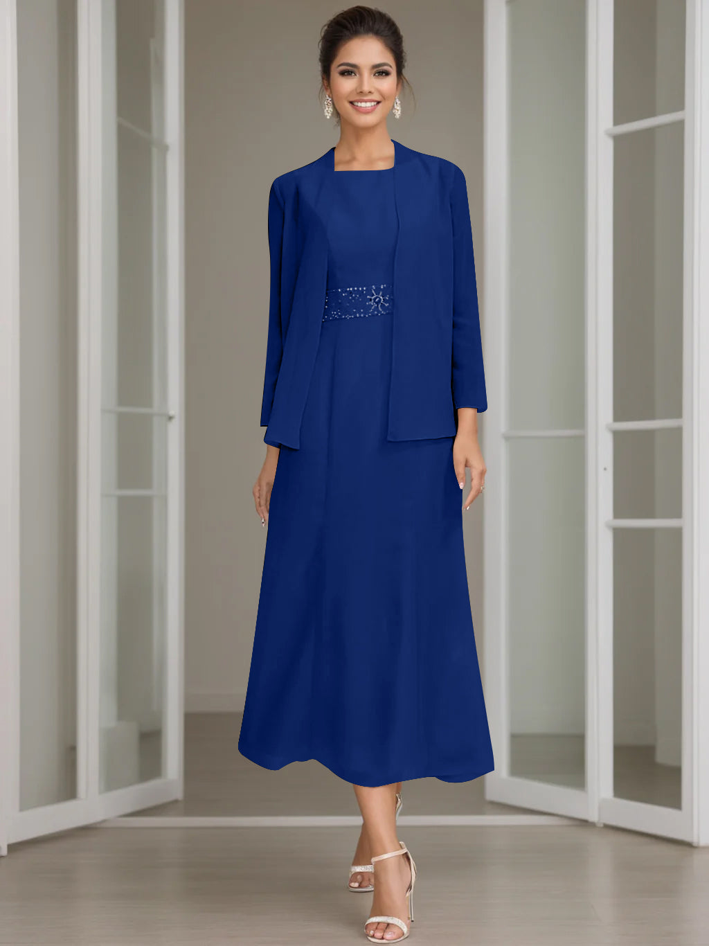 Column Jewel Neck Tea Length Mother of the Bride Dress