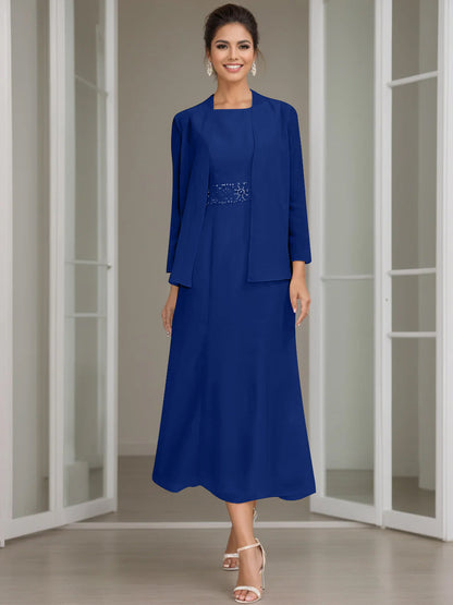 Column Jewel Neck Tea Length Mother of the Bride Dress