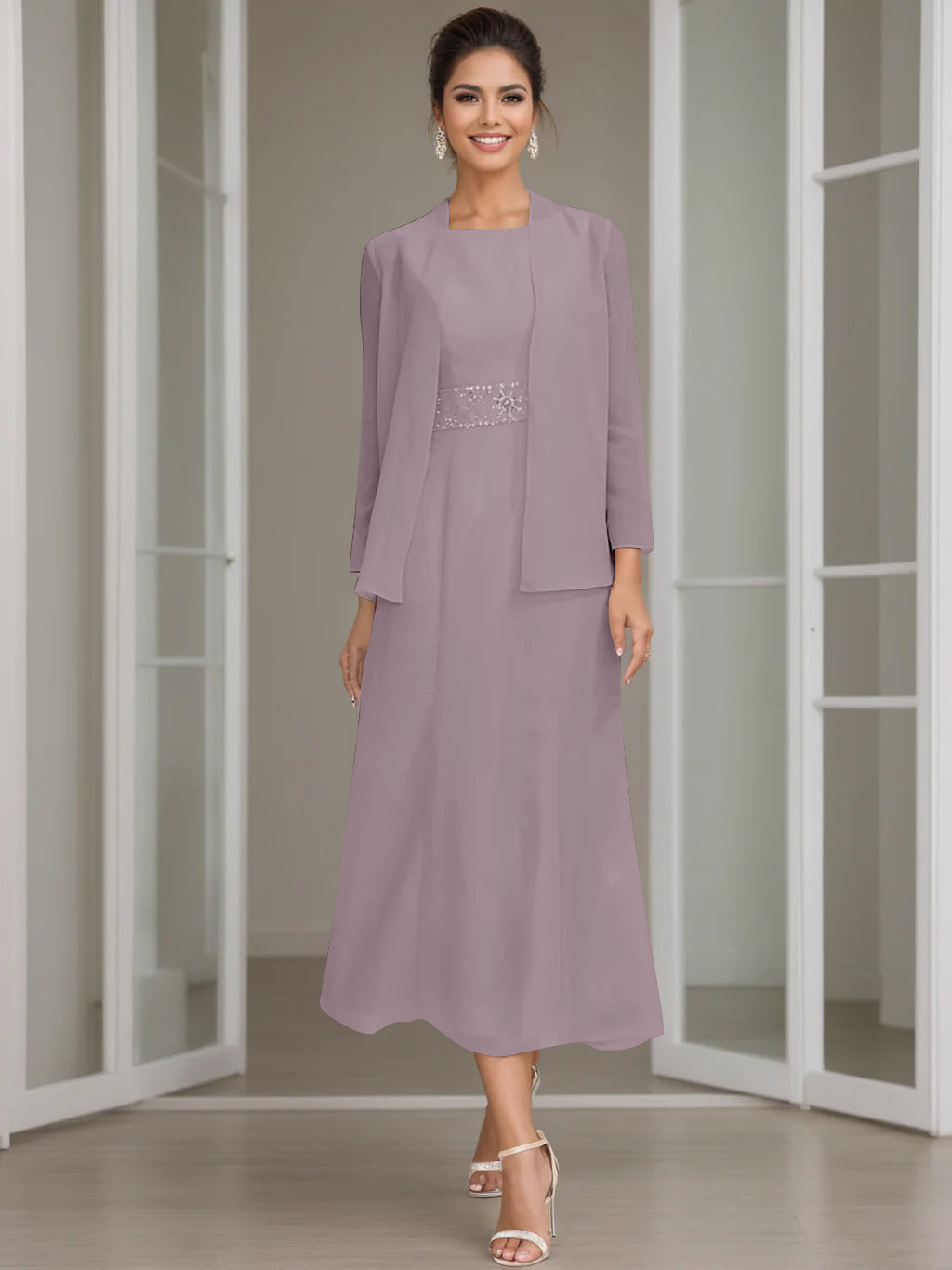 Column Jewel Neck Tea Length Mother of the Bride Dress