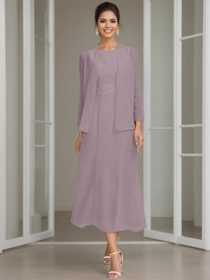 Column Jewel Neck Tea Length Mother of the Bride Dress