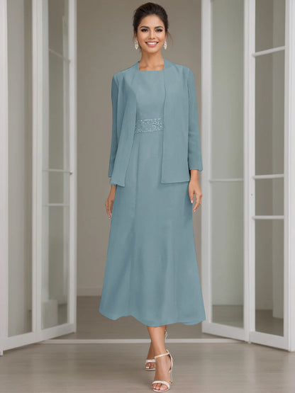 Column Jewel Neck Tea Length Mother of the Bride Dress