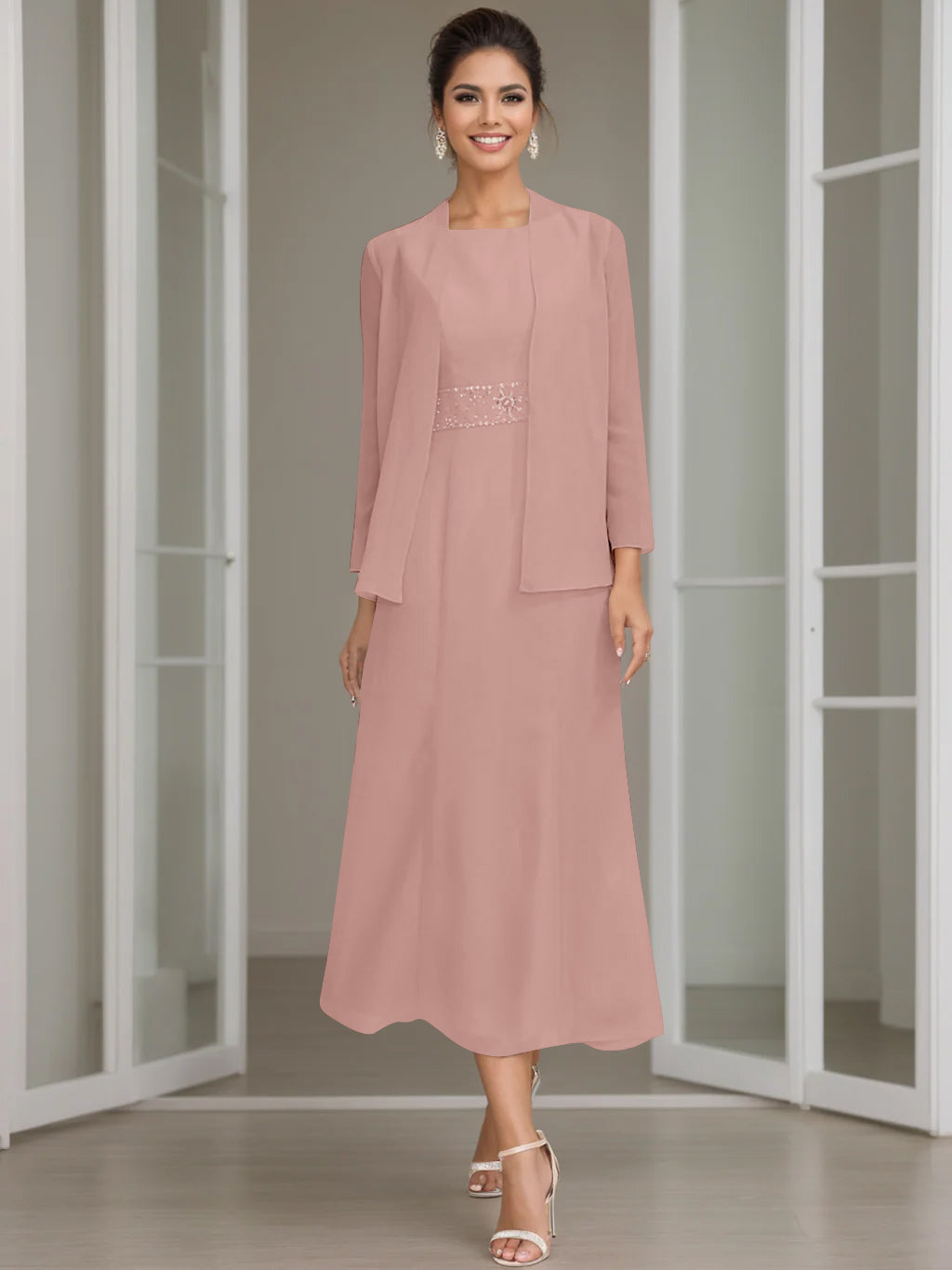 Column Jewel Neck Tea Length Mother of the Bride Dress