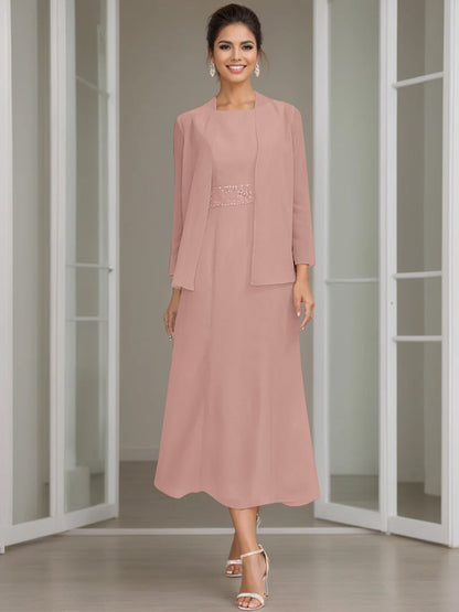 Column Jewel Neck Tea Length Mother of the Bride Dress