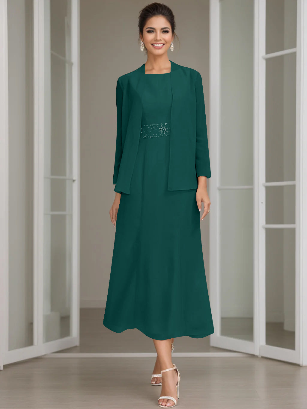 Column Jewel Neck Tea Length Mother of the Bride Dress