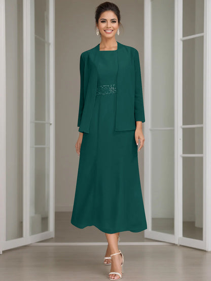 Column Jewel Neck Tea Length Mother of the Bride Dress