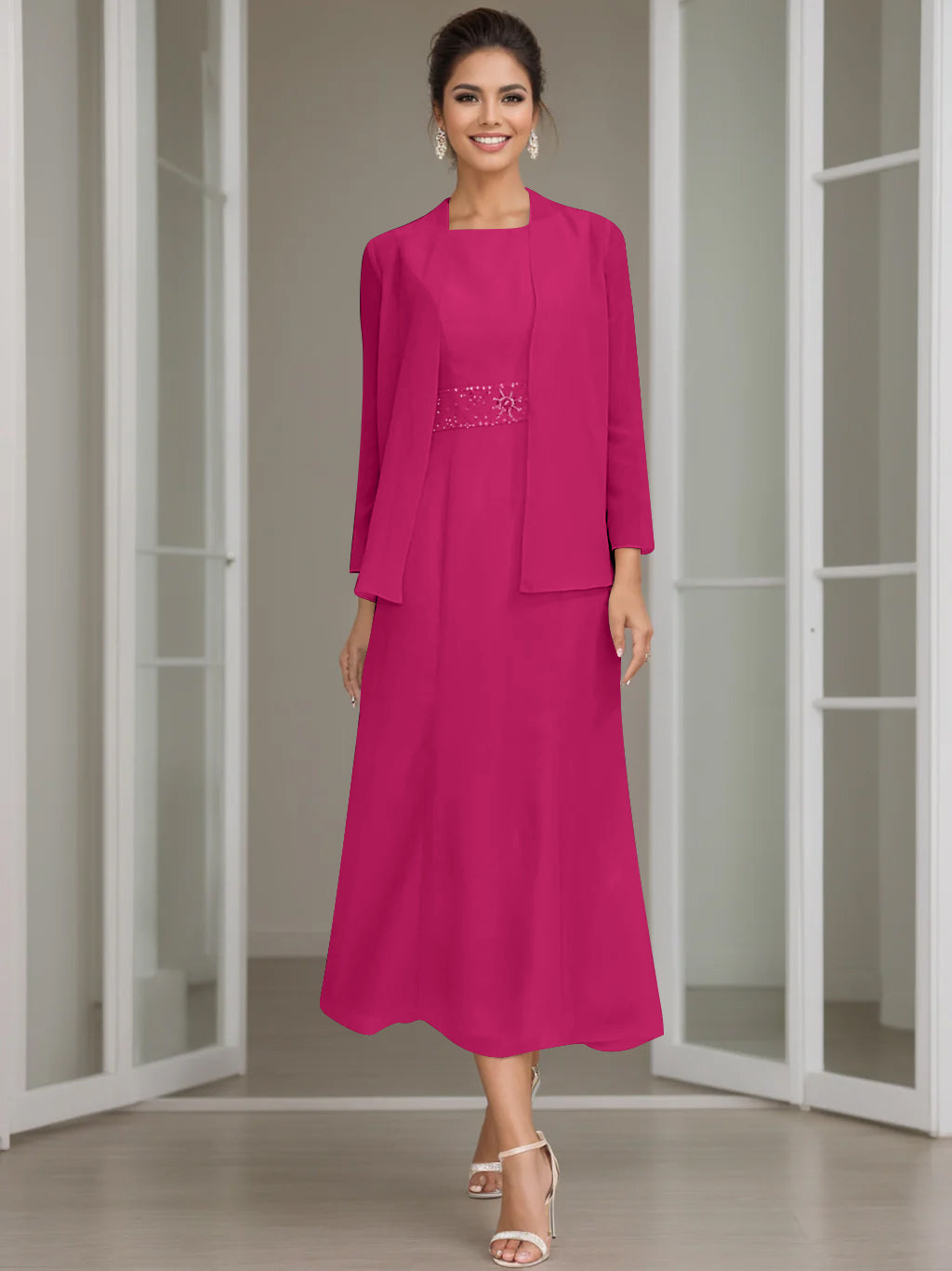 Column Jewel Neck Tea Length Mother of the Bride Dress
