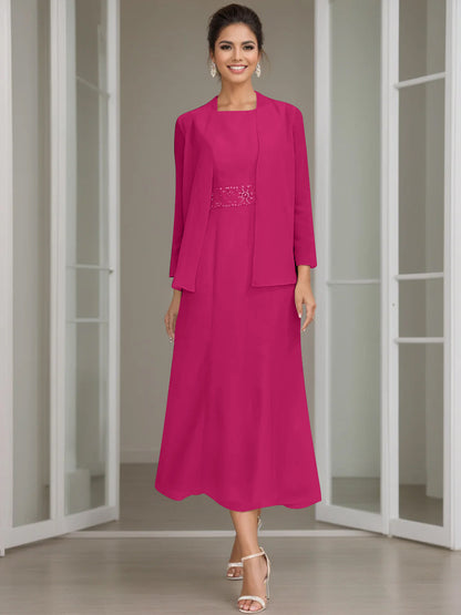 Column Jewel Neck Tea Length Mother of the Bride Dress