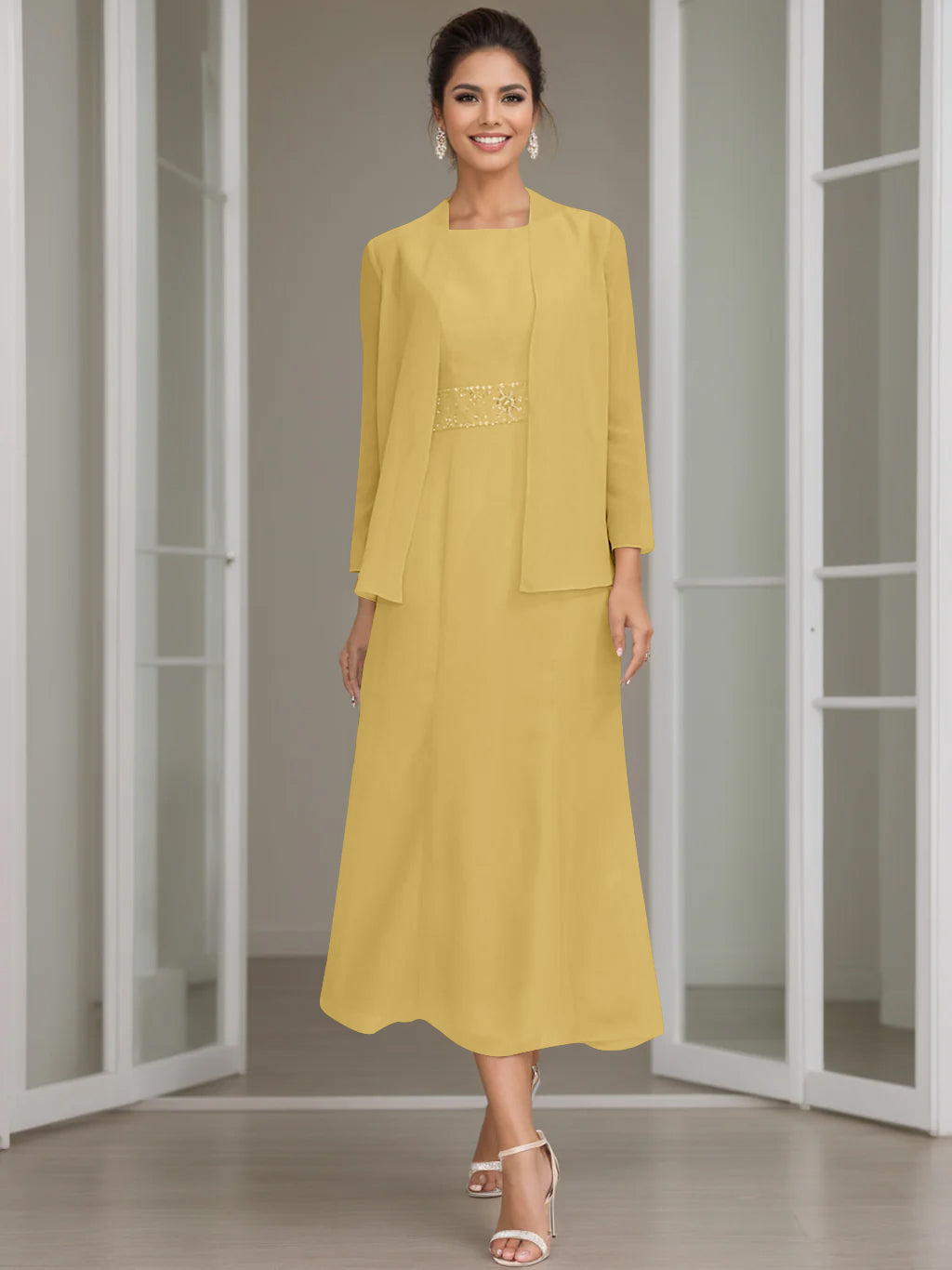 Column Jewel Neck Tea Length Mother of the Bride Dress