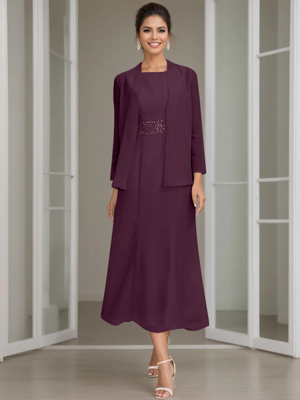 Column Jewel Neck Tea Length Mother of the Bride Dress