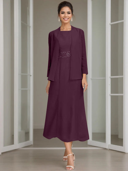 Column Jewel Neck Tea Length Mother of the Bride Dress