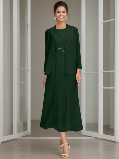 Column Jewel Neck Tea Length Mother of the Bride Dress
