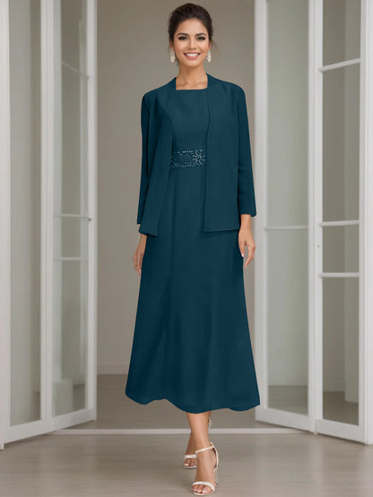 Column Jewel Neck Tea Length Mother of the Bride Dress