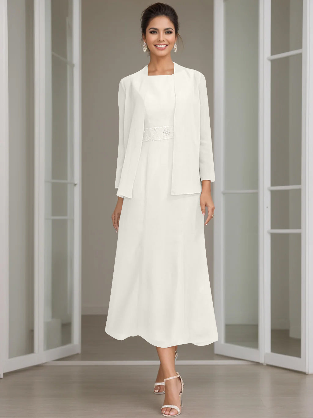 Column Jewel Neck Tea Length Mother of the Bride Dress