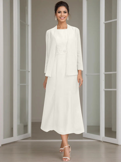 Column Jewel Neck Tea Length Mother of the Bride Dress